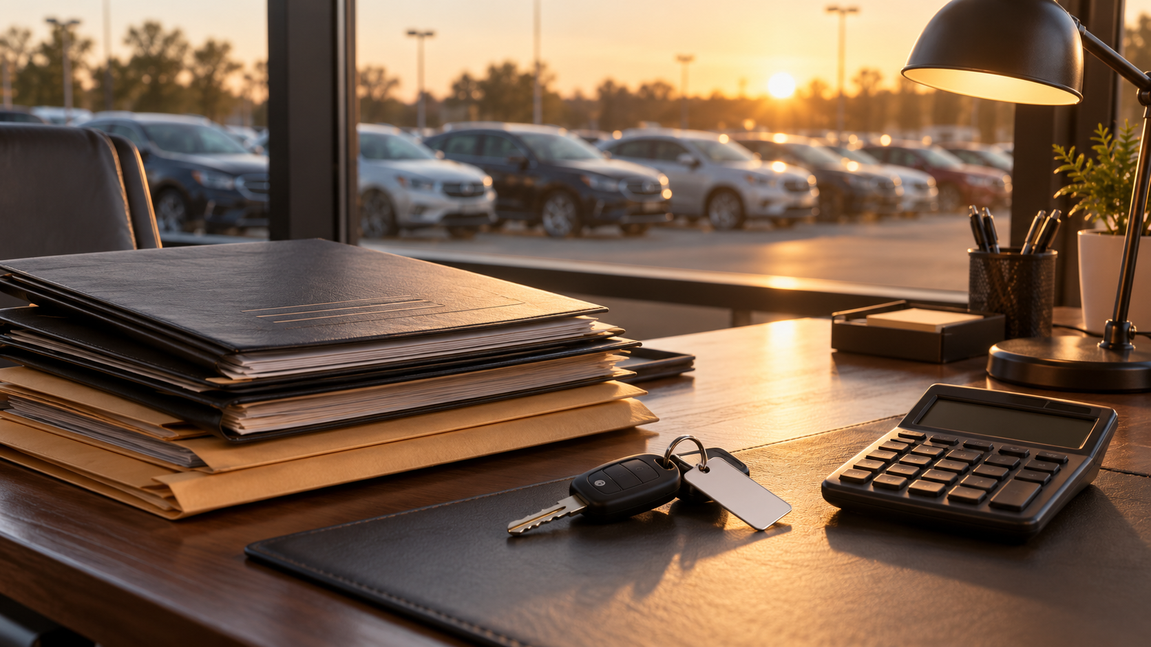 A dealership office desk at sunset with a stack of deal jackets, car keys, and a calculator, the lot visible through the window